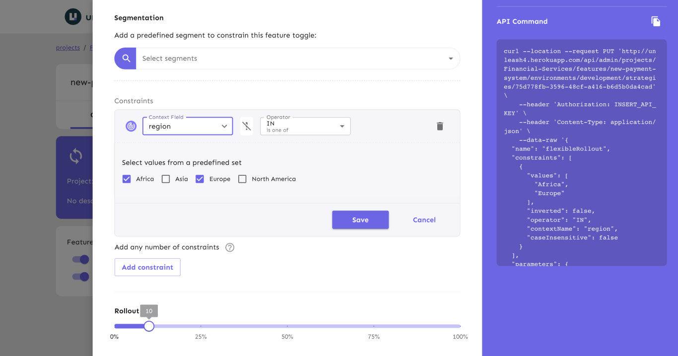 A strategy constraint form with a constraint set to "region". The "values" input is a dropdown menu containing the options "Africa", "Asia", "Europe", and "North America", as defined in the preceding paragraph.